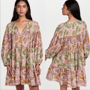 Charina Sarte Green pink tiered Paisley print Nara swing dress S NWT